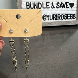 EXPRESS Dangling Gold Tone Chain Cz Front Back Drop Earrings